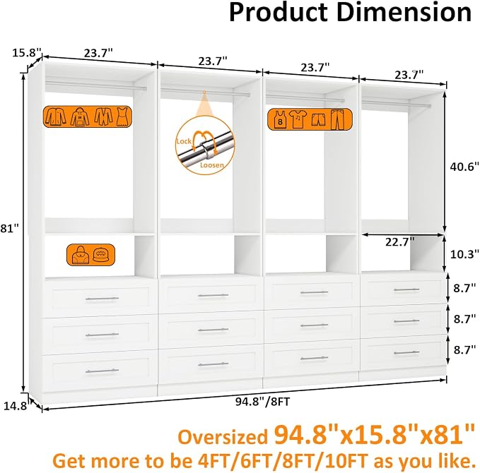Closet System with Wooden Drawers, 8FT Closet Organize System with Drawers & Hanging Rods &for Walk in Closets, 4PCS*24" Freestanding Closet System, White(8FT)