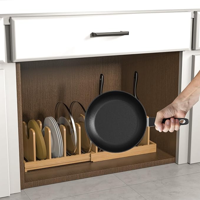 Pots and Pans Organizer under Cabinet,Pot and Pan Organizer,Lid Organizer | Expandable Bamboo Pan and Lid Organizer, 16" to 28" Adjustable Length and 10 Dividers