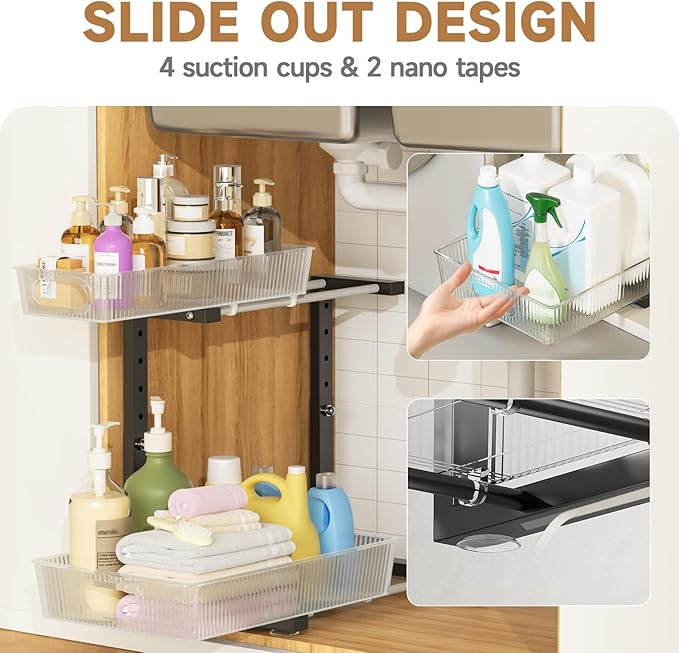 ETOYA 2 Pack Under Sink Organizer Kitchen, 2-Tier Pull Out Cabinet Organizer, L-Shaped Adjustable Height, Acrylic Under Sink Storage Shelf for Kitchen, Bathroom Vanity & Utility Closet