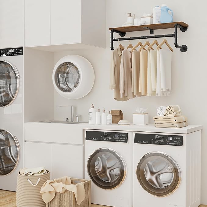 Yawinhe Industrial Pipe Clothes Rack with Top Shelf, Wall Mounted Garment Rack, Space Saving Hanger with 4 Bases, for Shops, Homes (28x10.23x10.23in) | Wall Mounted Clothes Rail;Wardrobe Hanging Rail Bar Rack for Laundry and Closet;Heavy Duty Retro Wal...