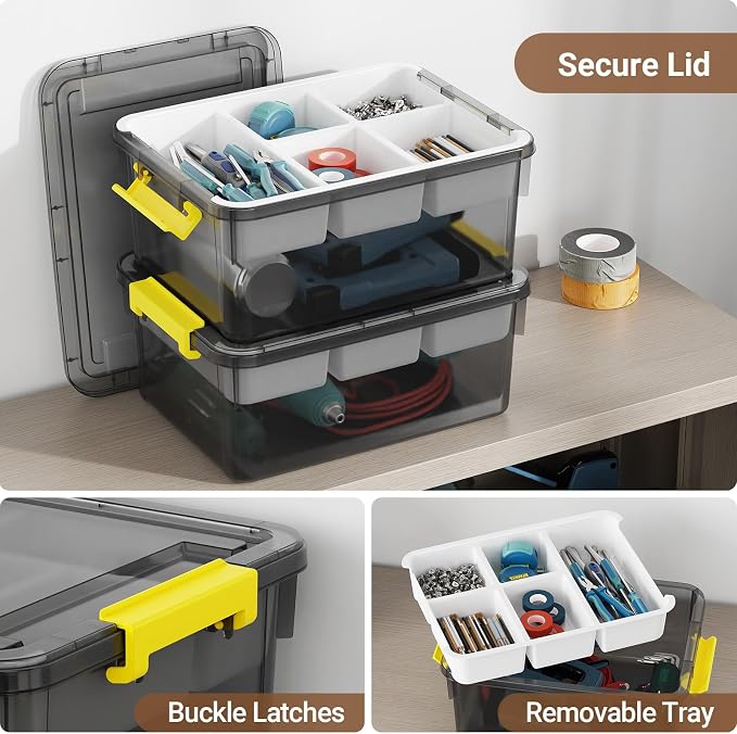 20Qt Stackable Storage Bin with Lid & Tray, Clear Plastic Latching Box Organizer with Divider Portable Container for Arts & Crafts, Home & Car Trunk Organization,Clear Grey,1Pack