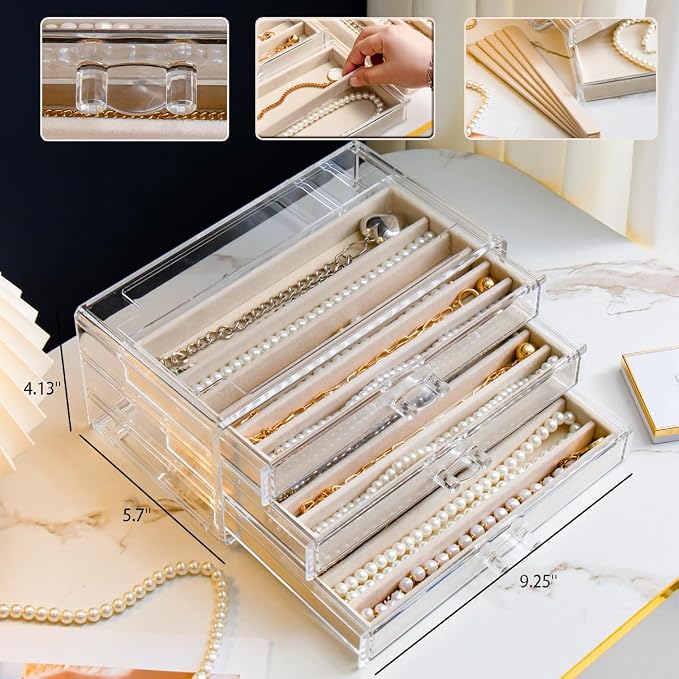 YUFONG Necklace Holder Organizer, Dustproof Necklace Box Velvet Necklace Organizer Box with Lid Clear Acrylic Dustproof Stackable Jewelry Displays for Necklaces Chain Display (Beige, 3 Drawer)