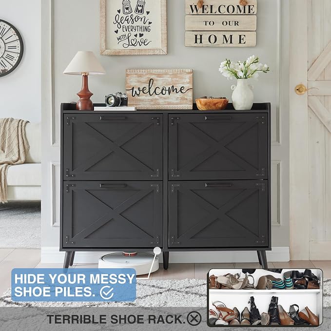 Barnyatoh Shoe Storage Cabinet,Farmhouse Shoe Organizer with 4 Flip Drawers & Barn Door Design,Freestanding Hidden Slim Narrow Shoe Rack Cabinet for Entryway,Foyer,Hallway,Black