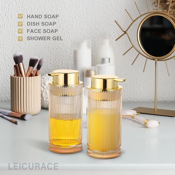 Glass Foam Soap Dispenser, Refillable Faming Dispenser with Gold Pump, Foam Hand Soap Dispenser for Bathroom Kitchen, Modern Home Bathroom Kitchen Decor （Foam Type/Gold）