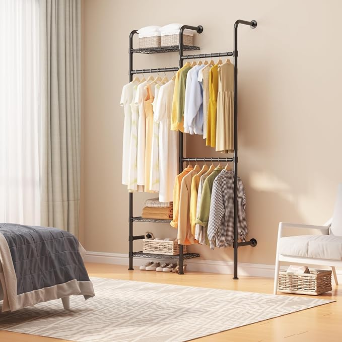 Garvee L2 Wall Mounted Pipe Closet System, Matte Black | Carbon Steel, Expandable Rods 23.62-35.43 in, 3 Wire Shelves, Closet Organizers and Storage