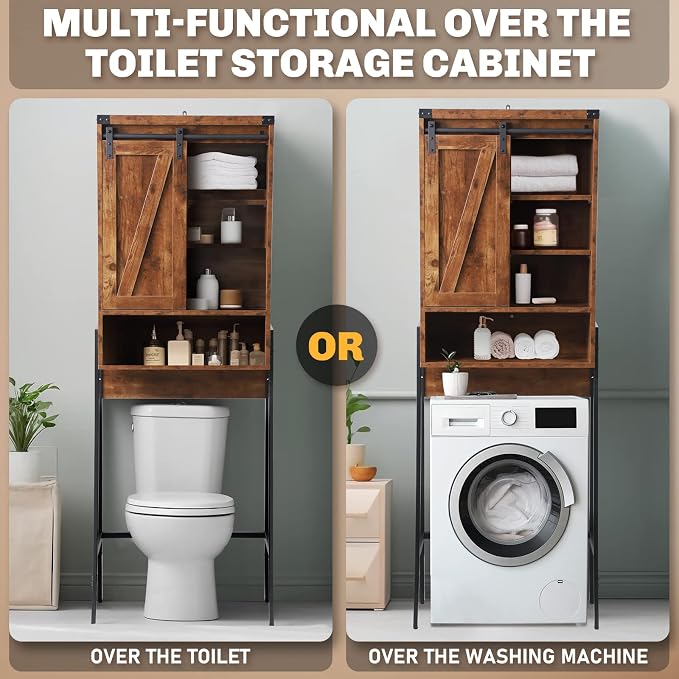 Over Toilet Storage Cabinet with Barn Door & Adjustable Shelves | 24 Inch Wide Bathroom Organizer, Space-Saving, Sturdy Wood, Anti-Tipping, Easy Assembly, for Restroom, Laundry, Small Spaces