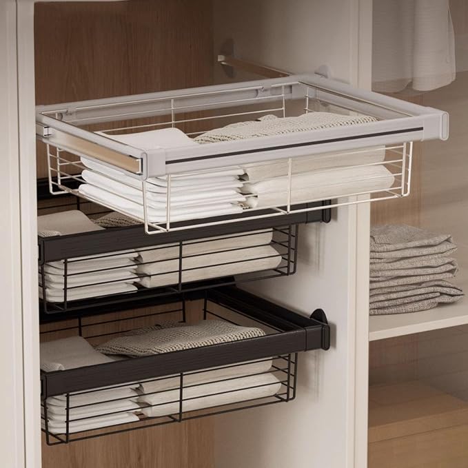 Expandable Cabinet Pull Out Basket,Stackable Shelf Baskets Organizer,Aluminum Alloy Stackable Storage Bins,for Office Bathroom Bedroom,Silver-28.34-30.31in