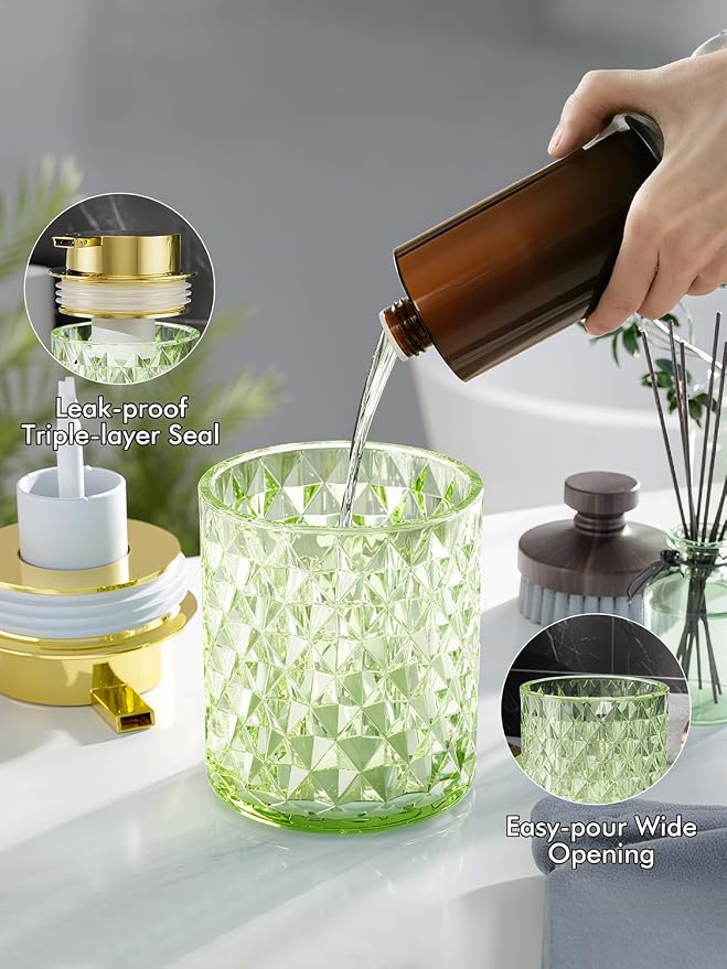 Bathroom Accessory Set, Foaming Soap Dispenser, Glass Hand Foaming Soap Dispenser, Refillable Pump Bottles for Liquid or Lotion, Crystal Decorative Handwash Dispenser for Bathroom, Kitchen,Green