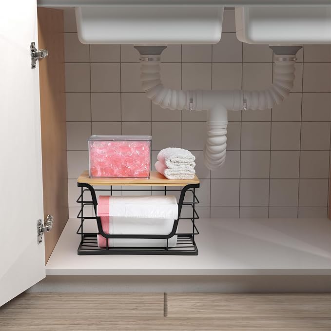 ALOCEO Extra Large Trash Bag Holder Dispenser With Bamboo Top, Wall Mounted Garbage Bag Dispenser Roll Holder for Kitchen Laundry Room Organization