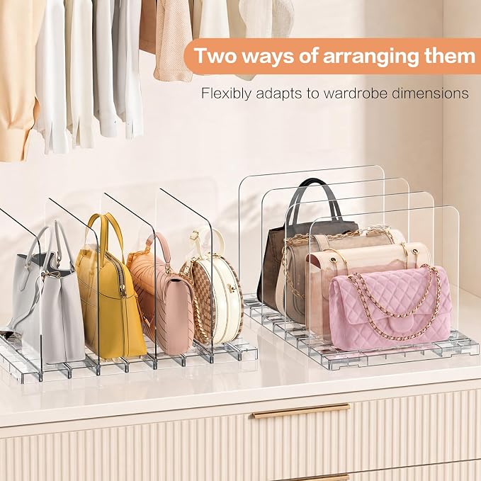 Stackable Purse Organizer for Closet Shelf, Acrylic 4 Set | Adjustable Dividers, Modular purse storage System, for Handbag Wallet Paper Bag, for Woman, Keep Upright Storage