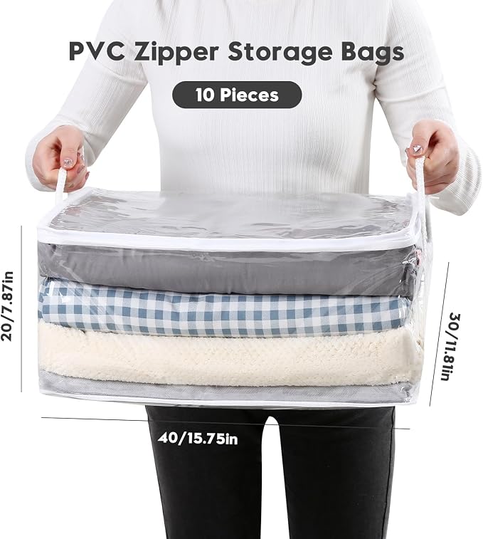 10 PCS Clear Zippered Storage Bags with Handle,Sweater Storage with Zipper,Foldable Closet Organizer Bed Sheet Organizer,Cube Plastic Organizer,Bag,Bin for Clothes,Towel-15.7 * 11.8 * 7.9