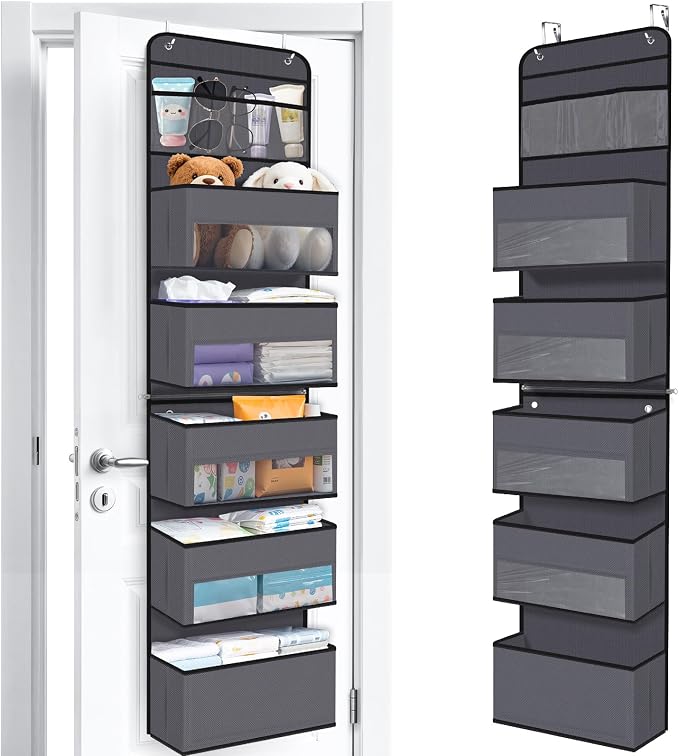 WISELIFE 6-Tier Over The Door Organizer Storage Detachable Design Door Hanging Storage Organizer with Clear Window Behind The Door Storage for Nursery Bedroom Bathroom Pantry Closet Dark Grey