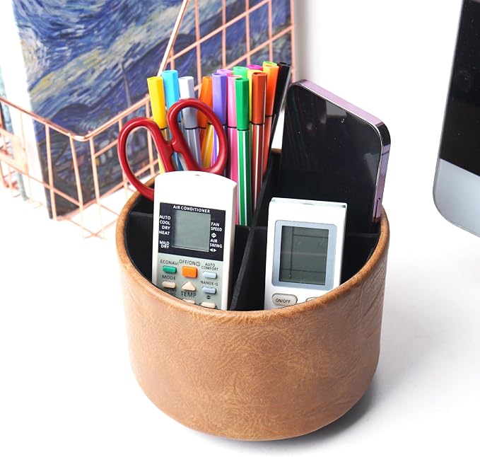 Round Leather Art Supply Organizer,Remote Control Holder,360 Degree Spinning,Multi-Functional Pencil Holder,4 Compartments Desktop Stationary Organizer(1-Crazy Brown)