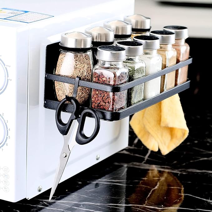 Magnetic Spice Rack with 4 Removable Hooks, Strong Magnet Spice Shelf for Spices, Cooking Oils, Salt, Pepper, Works Perfectly on the Side of Refrigerator for Small Kitchen/Apartment (Black)
