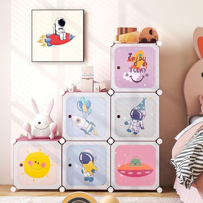INFANS Children Wardrobe, Kid Closet Portable Baby Dresser Cute for Kids Bedroom Nursery Armoire with Doors 12 Cube 2 Hanging Sections, Kid Clothes Storage Organizer (Pink, 8 Cubes)