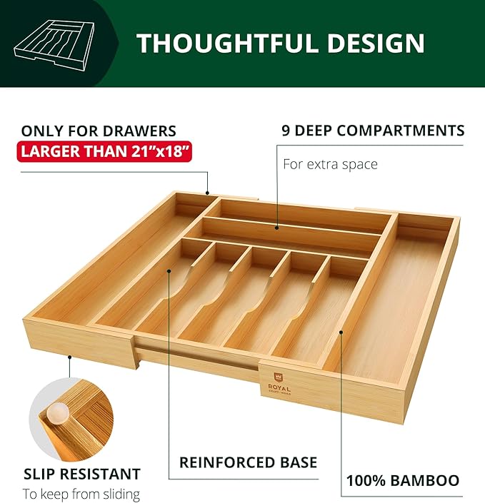 ROYAL CRAFT WOOD Luxury Bamboo Kitchen Drawer Organizer - Silverware Organizer, Utensil Holder & Cutlery Tray Drawer Dividers for Flatware (9 Slot, Natural)