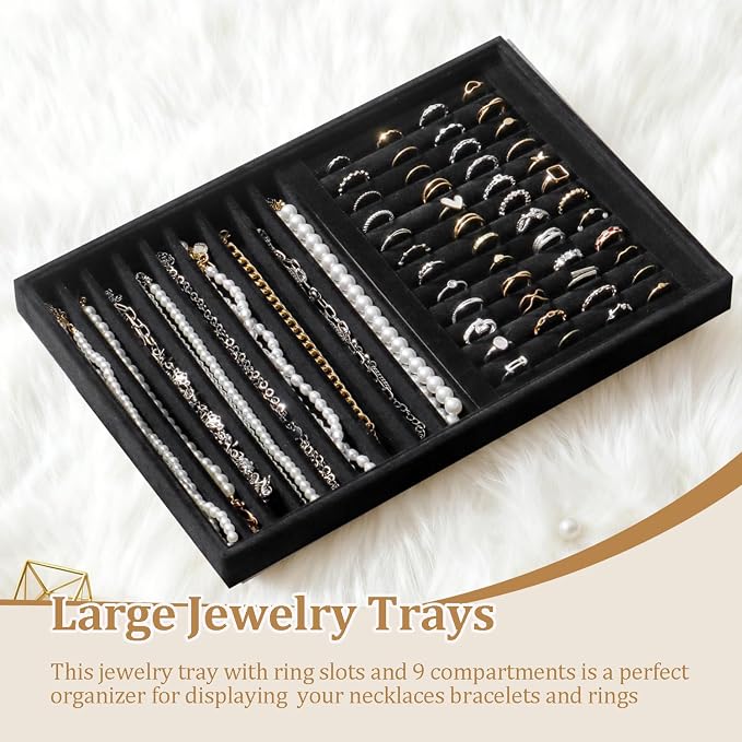 Large Jewelry Organizer for Drawer Insert Velvet Stackable Jewelry Trays for Earring Necklace Bracelet Ring Display (Black, Ring and 9 Grids)