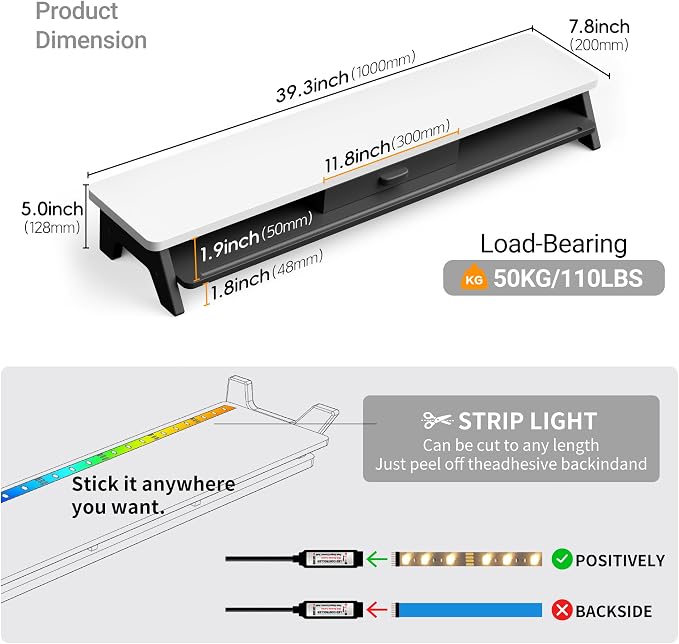 AFOOYO Dual Monitor Stand Riser,LED 2-Tier 39.3 Inch Computer Monitor Stand for 2 Monitors,Office Desktop Organizer with Storage Drawer and Phone Holder for Laptop,PC,Computer,Printer,White