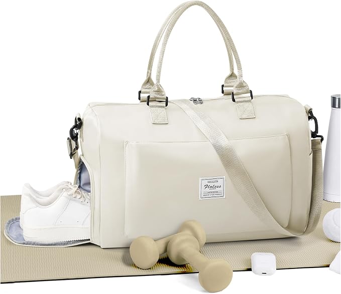 Gym Bag for Women Men Duffle Bags for Travel with Shoe Compartment Shoulder Weekender Overnight Carry on Tote Bags for Airplane Beach Bag Workout Yoga Sport Swimming Cream White