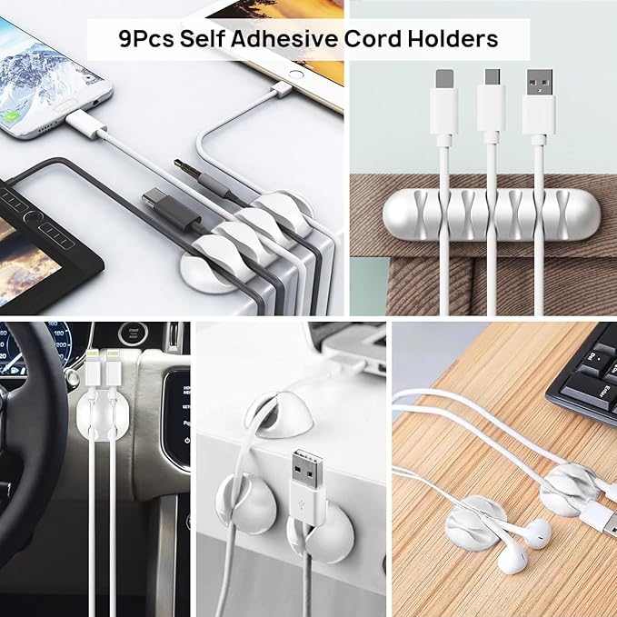 Cable Management Kit - 4 Cable Sleeve, 28 Self Adhesive Cable Clips, 29 Cord Holders, 10+2 Roll Cable Organizer Straps and 100 Fastening Cable Ties for TV Computer Under Desk (White)