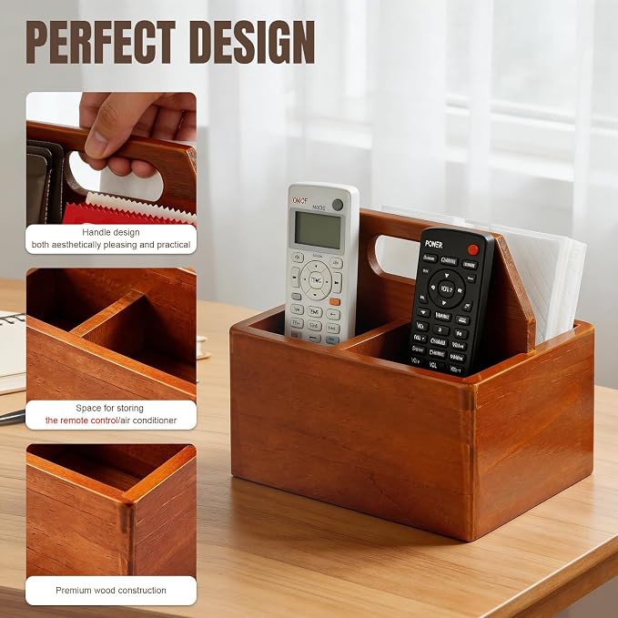 DAWASAPAT Acacia Wood Remote Control Holder with Handle, Desk Organizer with 3 Compartments, Wood TV Stand Decor, Easy Storage TV Remote Holder for Living Room, Bedside Caddy, Office Supplies