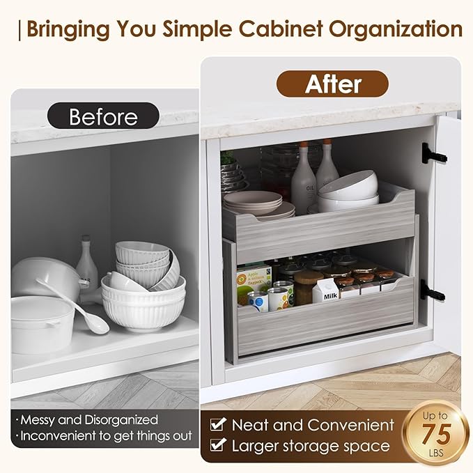Pull Out Drawers For Cabinets, 25" W x 21.65" D x 17" H Slide Out Wooden Pull out Drawers, 2-Tier, Heavy-Duty Base Bottom Assembly Slide out Drawer Shelf Cabinet Organization for Kitchen, Gray