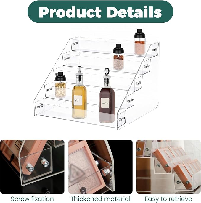 12" Acrylic Display Shelf 5 Tier Clear Spice Rack Organizer Stand | Risers Tiered, Countertop Cabinet, Pantry Kitchen, Storage, Lightweight Compact, for Kitchen Organization, Multi Purpose Tool