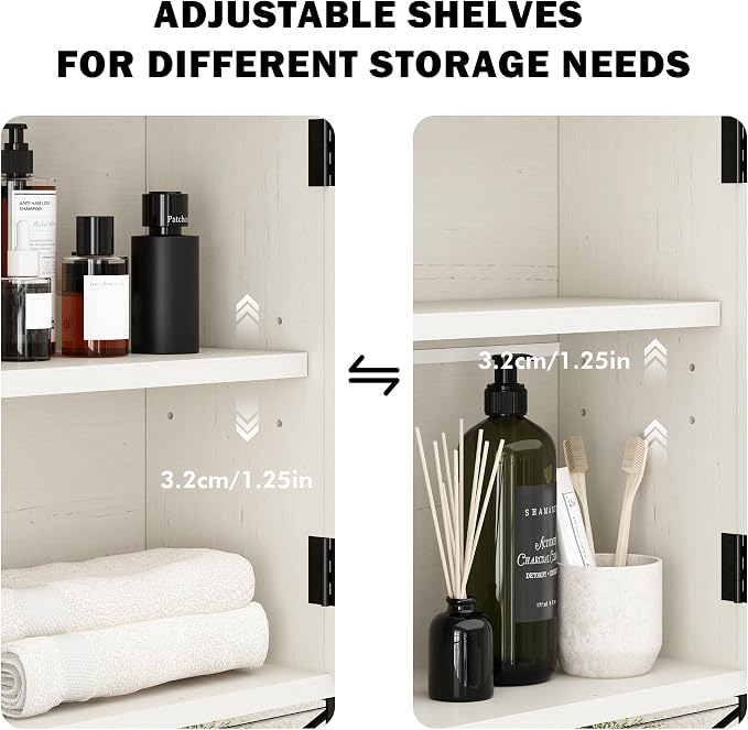 RUSTOWN Rattan Bathroom Wall Cabinet, Boho Over The Toilet Storage Cabinet | Arched Rattan Doors, Modern Medicine Cabinet, Adjustable Shelves, Towel Bar, Vintage White