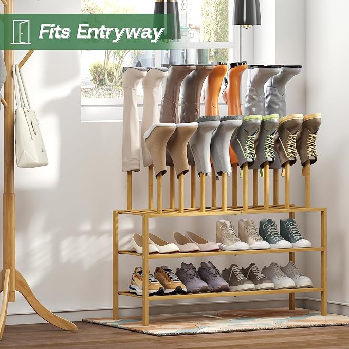 kiplant Tall Boot Rack Organizer - 8 Pair Boot Rack Bamboo Wood Shoe Rack for Entryway & Closet, Holds Tall Boots