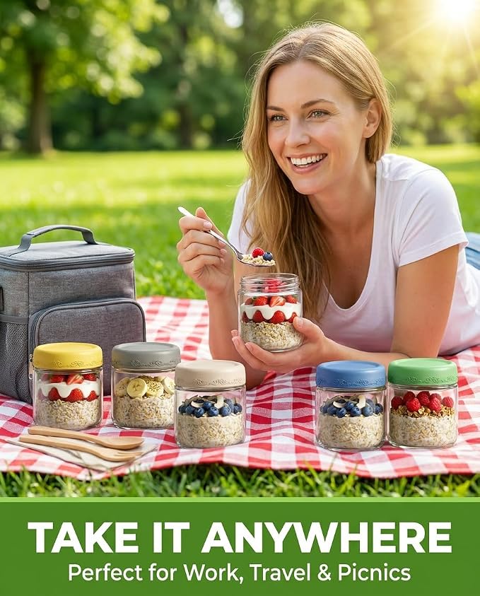 10 oz 4Pack Glass Overnight Oats Jars Containers with Airtight Leakproof Lids, Reusable Mason Jars for Meal Prep, Yogurt Parfaits, Smoothies, Salads & Healthy Breakfasts (10 OZ-4-2)