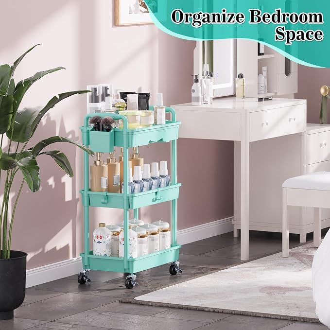 SUNALLY 3-Tier Rolling Cart with Drawer & Lockable Wheels, Bathroom Storage Organizer Multifunctional Rolling Storage Cart for Bathroom, Kitchen, Office, Craft, Makeup, Baby Essentials, Blue