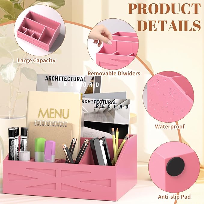 Wood Mail Organizer Countertop,Farmhouse Desk and Kitchen Countertop Storage, Letter Sorter, Desk Mail and Bill Organizer, Desktop File and Paper Holder (Pink)
