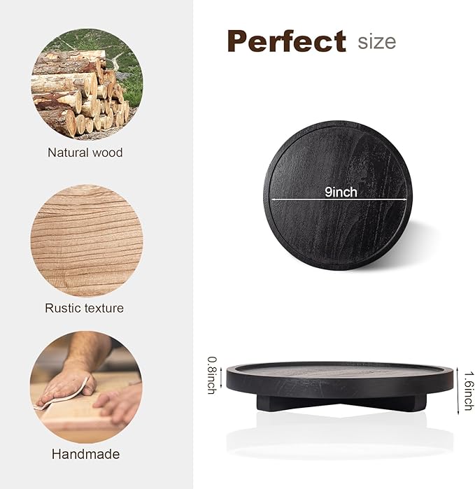 Round Decorative Tray Farmhouse Kitchen Decor Soap Dish, 9" Black | Waterproof, Lightweight, Easy Clean, Wood Riser Pedestal Stand Accessories for Office Desk, Vanity, Counter, Sink