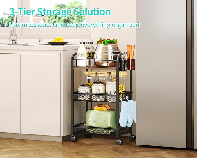 HapiRm 3 Tier Rolling Cart - Metal Utility Cart with Locking Wheels | Rolling Storage Cart Organizer with 2 Hanging Cup, 4 Hooks, Mesh Basket, Space-saver for Kitchen, Craft Art, Office, Bathroom