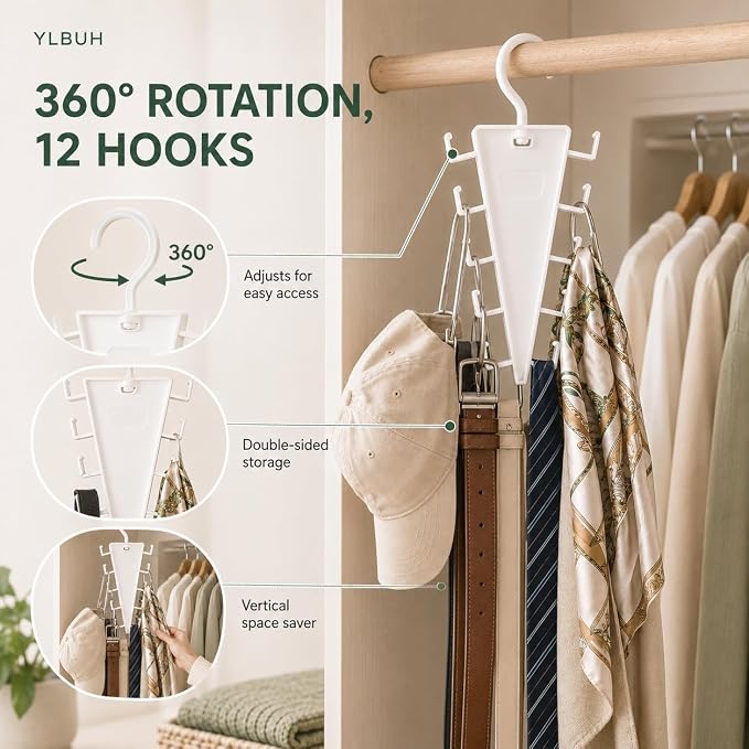 V Shaped Double-Sided Closet Organizer Hanger, 360° Rotating Multi-Layer Vertical Clothes Storage Rack with 12 Hooks, Space Saving Organizer for Hats, Scarves, Belts, Bags and Ties (2PC)