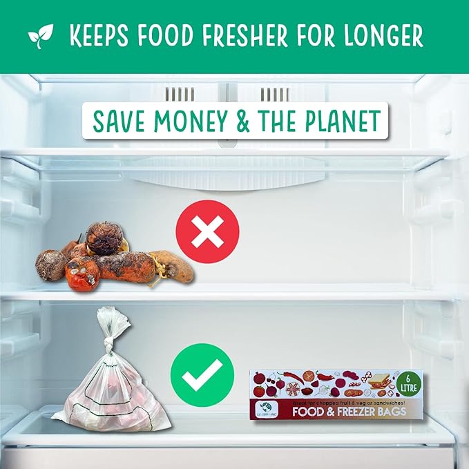 Eco Green Living 1.59 Gallons Food Storage Bags, Plastic Free Food & Freezer Bags, Tie Top Storage Bags with Labelling Space, Large Sandwich Bags, 80 Bags