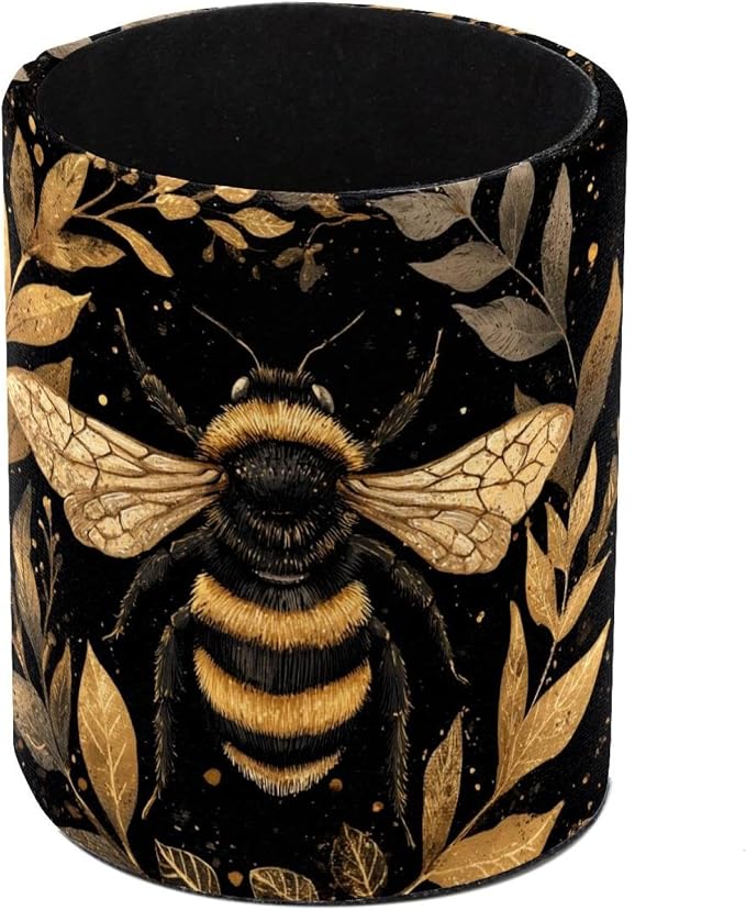 Faux Leather Pen Holder for Desk, Pencil Organizer Golden Bee Pen Cup Desk Decor Makeup Brush Holder Storage for Office Home