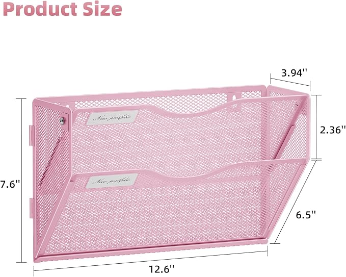 Marbrasse Wall File Holder 2-Tier Hanging Wall File Organizer, Mesh Mail Holder for Papers, Wall Mount File Clipboard & Magazine Organizer Great for Office Home - 2P(Pink)