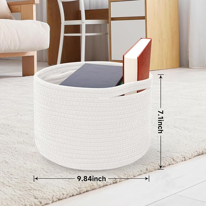 Small Rope Baskets for Storage, Baskets for Gifts Empty, Cute Round Woven Baskets, Decorative Shelf Basket 9.82×9.82×7.1", Cotton Toy Basket Storage Bins for Organizer 3 Packs White