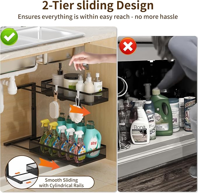 Under Sink Organizer 1 Pack, 2-Tier Slide Out Cabinet Organizer with Metal Sliding Drawer and Hooks, Pull Out Storage Baskets for Kitchen Bathroom Pantry Cabinet Organization (Black (1 pack))