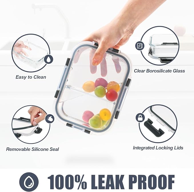 6pack, 34oz, 2 Compartment Glass Meal Prep Containers with Lids, Grey | Portion Control Lunch Containers, Glass Food Storage Containers with Airtight Lids, Microwave, Freezer, Dishwasher Safe