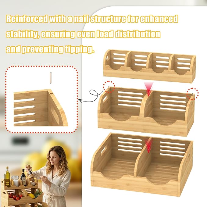 Upgraded 3 Tier Bamboo Pantry Storage Bins,Large potato storage | With 2 Banana Hangers,Stackable Potato and Onion Storage Bin with Airflow Vent,Vegetable Storage,for Kitchen Countertop