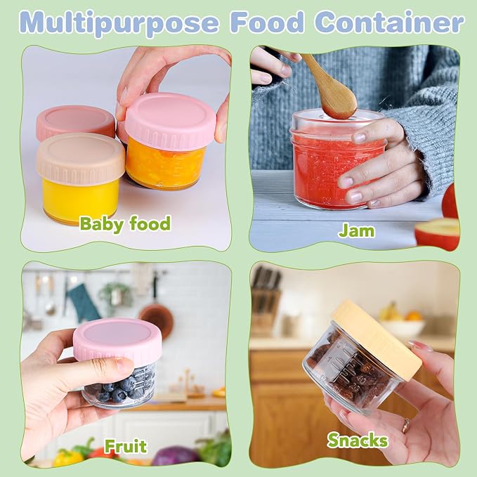 RowinsyDD 8 Pack Glass Baby Food Storage Containers, 2 oz Leakproof Baby Food Jars with Lids, Small Glass Food Containers for Infant Baby, Freezer Safe