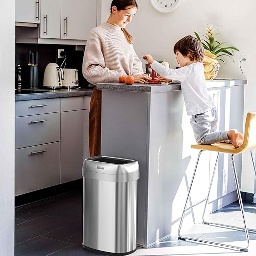 iTouchless 13 Gallon Open Top Kitchen Trash Can Recycling Bin with Wheels and Double Odor Filters Oval Commercial Stainless Steel 50 Liter Trashcan for Home Office Work Bedroom Livingroom Garage