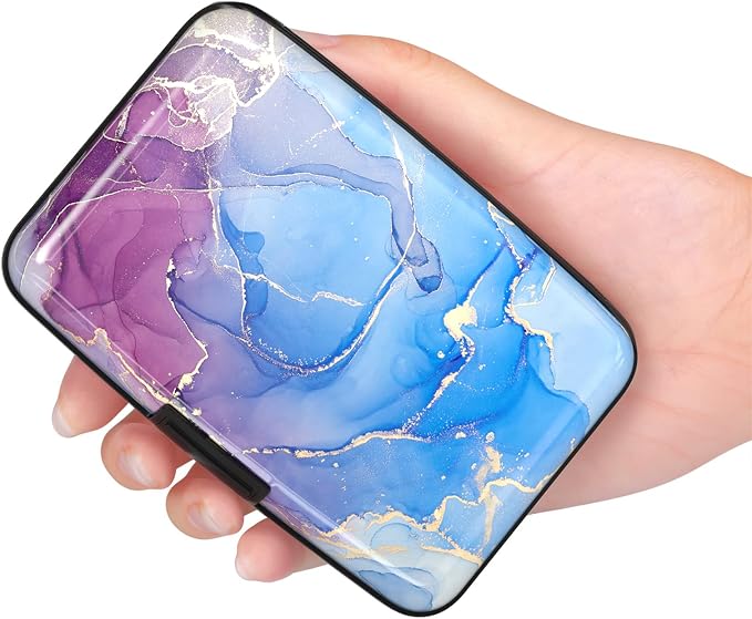 Credit Card Holder Wallet, Small RFID Metal Credit Cards Wallet Cute Pocket ID Case for Women and Men, Blue Purple Marble