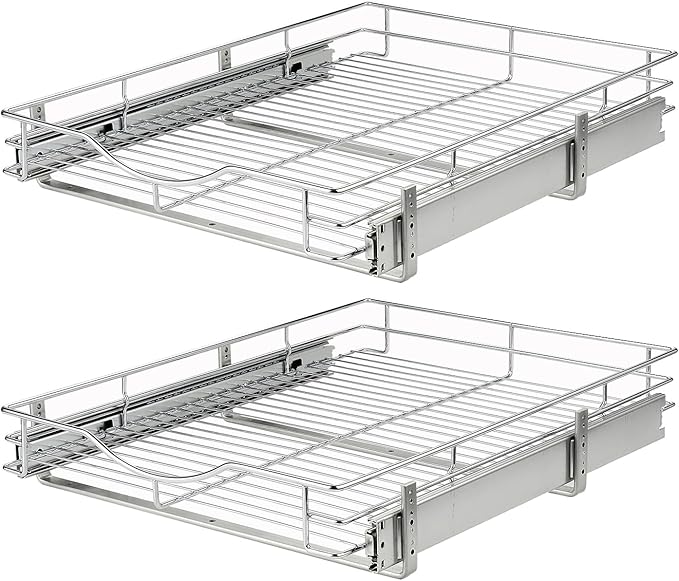 DINDON Pull Out Cabinet Organizer, (14" W x 21" D) Heavy-Duty Metal Sliding Drawer Shelf, Bathroom Under Sink Kitchen Cabinets Organizer and Storage Slide Out Shelves, Chrome, 1 Tier, 2 Pack