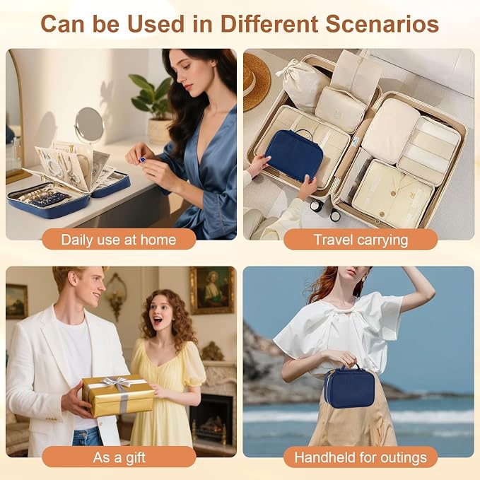 Travel Jewelry Organizer Case for Women, Blue | 5 Zipper Pouches, For Necklaces, For Earrings, For Rings, For Bracelets