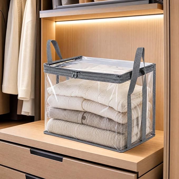 Large Clear Thick Plastic Storage Box with Hinged Lid, Heavy-Duty Durable High Capacity Organizer, Foldable Storage Box,Perfect for Home, Camping, Travel, Attic & Moving (Gray-L-3)