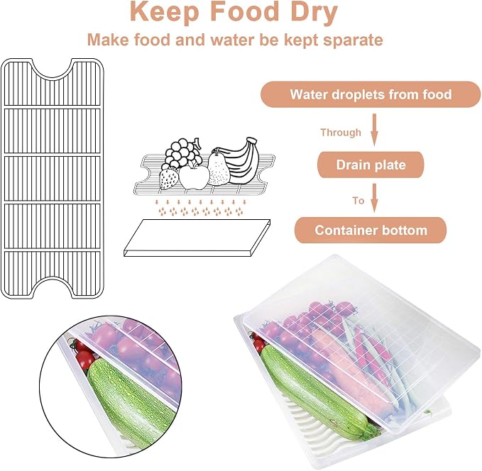 4PCS Food Storage Container, Plastic Food Containers Large | [With Removable Drain Plate and Lid], [Stackable Portable Freezer Storage Containers]-Tray to Keep Fruits, Vegetables, Meat