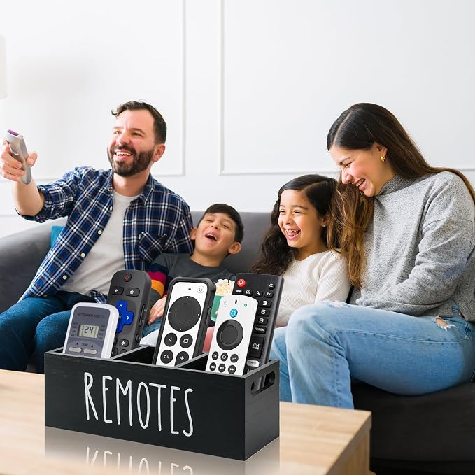 Remote Control Holder, Wooden TV Remote Holder for Table, Remote Caddy Organizer with 3 Compartments, Media Storage Box for Nightstand, Couch (Black)